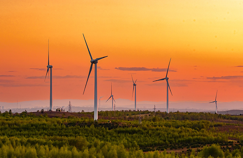 2023年5月23日清晨拍攝的內蒙古興安盟烏蘭浩特市呼和馬場風力光伏發(fā)電場內的風機。