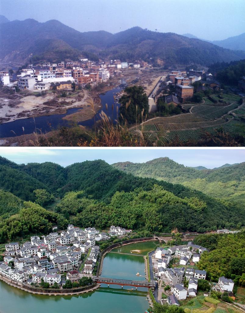 圖為浙江省杭州市淳安縣楓樹嶺鎮(zhèn)下姜村拼版圖，其中上圖為資料照片、下圖由新華社記者張鋮攝。